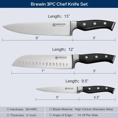 Miniatura 5 de Brewin Cuchillos de cocina profesionales, juego de cuchillos de chef de 3 piezas, cuchillos afilados para cocina, acero inoxidable de alto carbono