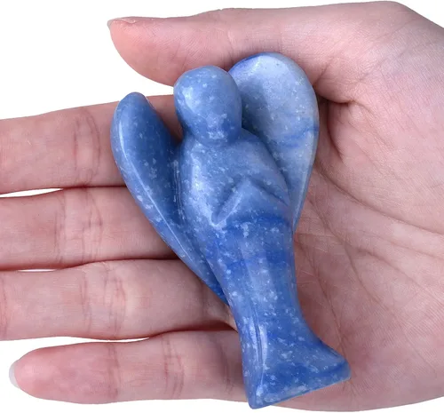 Miniatura 3 de TUMBEELLUWA Figura de ángel guardián de cristal tallado de 3 pulgadas, estatua de piedra de bolsillo de palma de ángel de la paz curativa, Azul