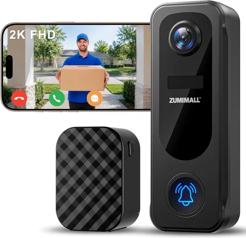 ZUMIMALL Timbre inalámbrico sin suscripción, timbre de video 2K con timbre, audio de 2 vías, antirrobo, detección PIR humano/AI, almacenamiento
