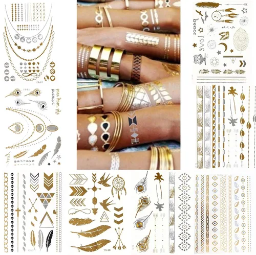Tatuajes temporales metálicos impermeables (envío aleatorio), calcomanías de tatuaje falso para decoración de brazo de cuerpo al aire libre, color 1