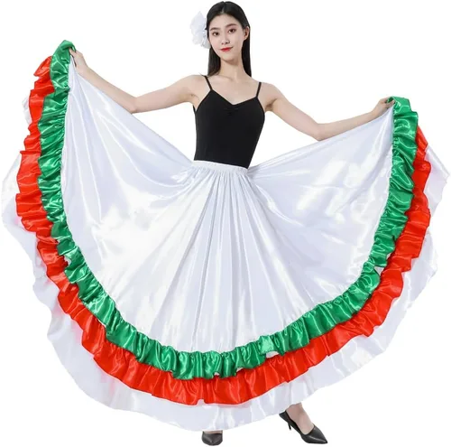 Miniatura 6 de Falda larga de baile para adultos, color negro, rojo, verde, falda folklórica para disfraz de Halloween flamenco mexicano