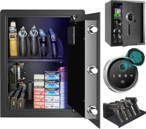 Miniatura 7 de Caja fuerte biométrica, caja fuerte para pistolas con huella dactilar con pantalla de tiempo, humedad y temperatura, perfecta