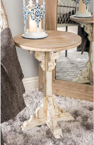 Miniatura 12 de Deco 79 Mesa auxiliar de madera con desplazamiento lateral, mesa auxiliar tallada envejecida con parte superior de madera marrón, mesa auxiliar