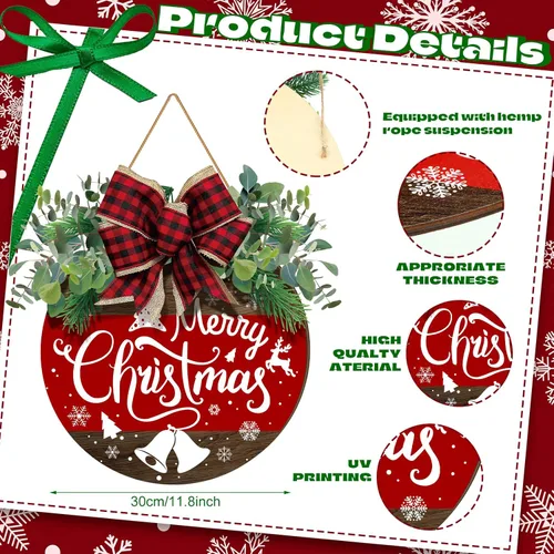 Miniatura 2 de Boao Decoraciones de puerta de Navidad de madera con texto en inglés «Merry Christmas» para puerta delantera, colgador de letrero con lazo rojo a