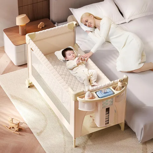 Miniatura 2 de 4 en 1 Cuna para bebé, lista para jugar, moisés junto a la cama, cuna para bebé con cambiador de pañales, mosquitero, almacenamiento inferior y Beige