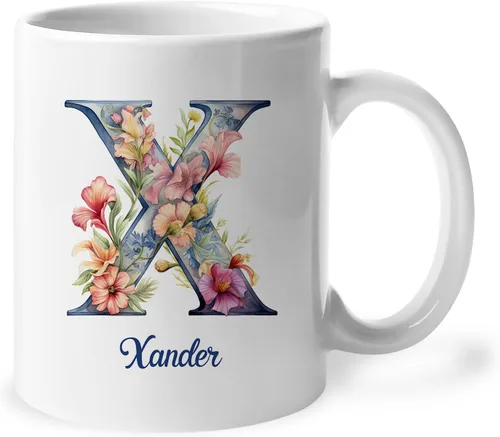 Miniatura 15 de Taza de café personalizada de la letra A del alfabeto, Taza de café blanca con nombre personalizado único, Taza inicial de monograma floral
