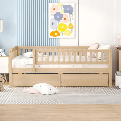 Miniatura 21 de Harper & Bright Designs Sofá cama individual con nido, marco de cama infantil de madera tamaño individual con valla, cama nido individual