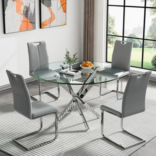 Miniatura 72 de Juego de mesa de comedor redonda de 3 piezas para 2, mesa de cocina moderna de vidrio plateado y sillas para 2 con sillas tapizadas, juego de mesa