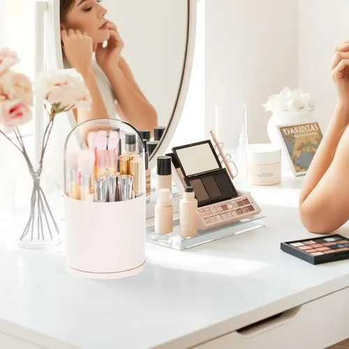 Miniatura 3 de Yieach Soporte giratorio de acrílico para brochas de maquillaje con tapa para tocador, baño, encimera, organizador de brochas de maquillaje Rosa