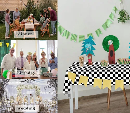 Miniatura 5 de 3 manteles de plástico a cuadros en blanco y negro para decoración de fiesta de cumpleaños, tablero de ajedrez, manteles desechables para mesas