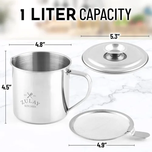 Miniatura 2 de Zulay Recipiente de grasa de tocino con colador, tapa y asa, grande, acero inoxidable de 1 litro, perfecto para cocina, almacenamiento de ghee