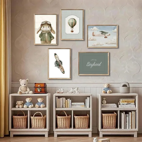Miniatura 2 de ONEOLTN Arte de Pared en Lienzo Vintage de Conejito Piloto para Guardería Imágenes Temáticas de Aventura Habitación de Bebé Niño Póster de Avión