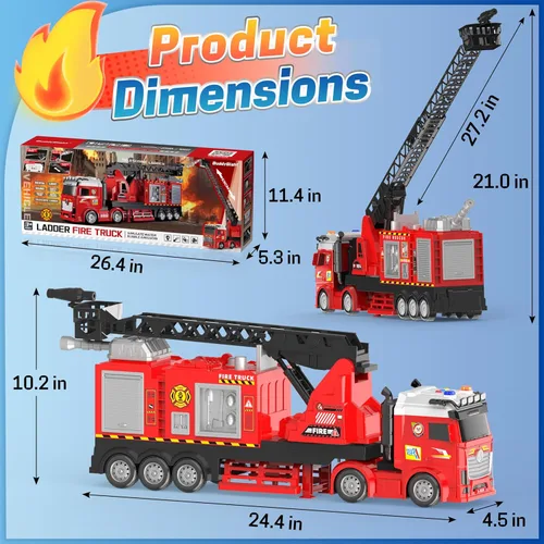 Miniatura 2 de Camión de bomberos extra grande para niños, escalera extensible de 27 pulgadas, rotación de 180°, camiones de bomberos ligeros y con sonido