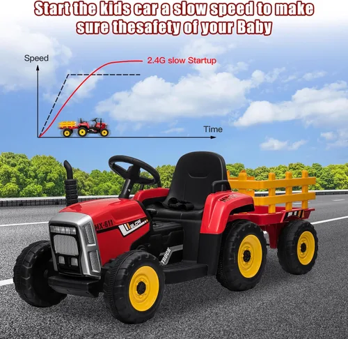Miniatura 2 de SEHOMY Tractor de Power Wheels Rojo con Remolque, Carro Montable para Niños Pequeños con Control Remoto, 7 Faros LED, Motor Dual, Batería de 12V
