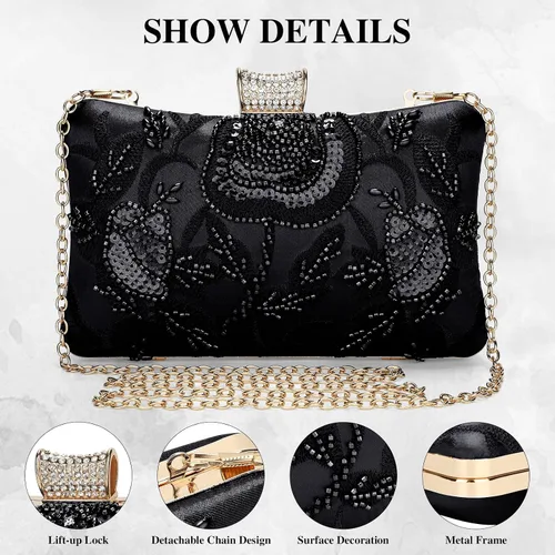 Miniatura 5 de Bolso de mano de novia vintage para mujer, con cuentas, estilo Gatsby, con cadena