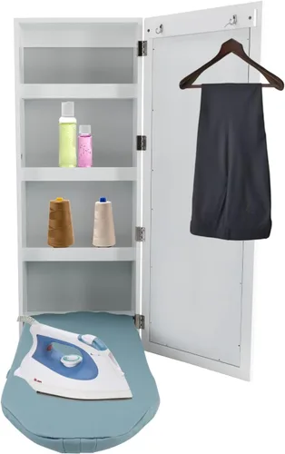 Armario para tabla de planchar, colgador de pared plegable con espejo, estante organizador de almacenamiento de tabla de planchar, soporte de hierro