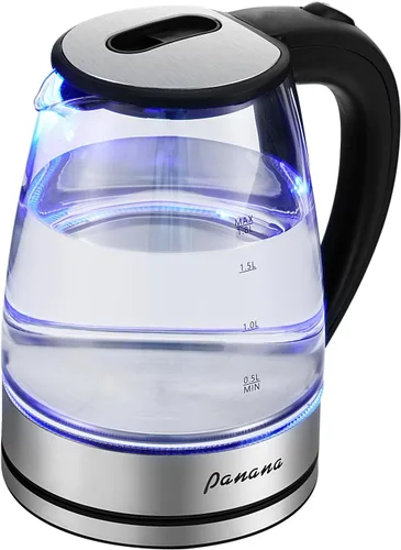Panana Hervidor eléctrico, hervidor de vidrio de 1.8 L con LED azul, 1200 W, filtro de malla integrado, hervidor rápido, fácil de limpiar,