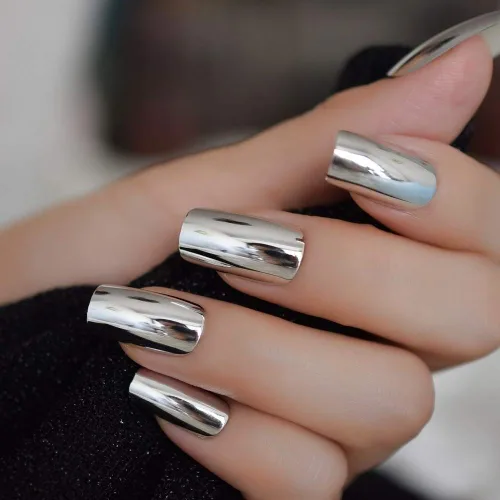 CoolNail - Puntas de uñas largas metálicas plateadas brillantes, uñas falsas de espejo, uñas artificiales de manicura, uñas postizas decorativas de