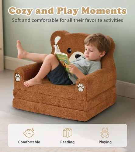 Miniatura 4 de Foryoomi Sofá para niños, sofá de bebé de 2 en 1 suave con manta plegable, silla cómoda, sofá de felpa convertible plegable, regalos para niños Oso
