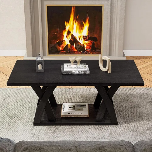 Miniatura 3 de FROMJBEST - Mesa de café de estilo rústico con estante, mesa de café moderna, mesa de café negra para sala de estar, mesas de sala de estar, 47" Gris