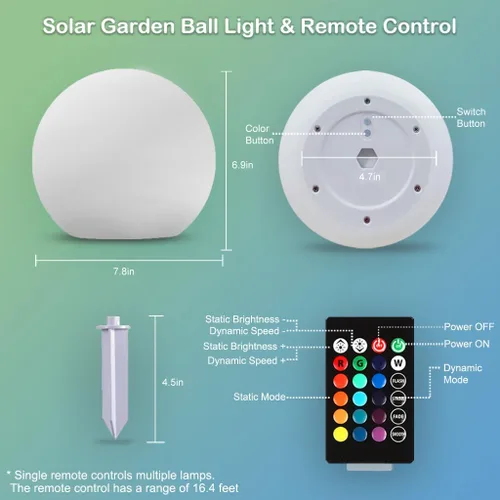 Miniatura 6 de Luz solar de globo brillante de 8 pulgadas, lámpara solar de bola de jardín de 16 colores cambiantes, luz de orbe brillante con control remoto