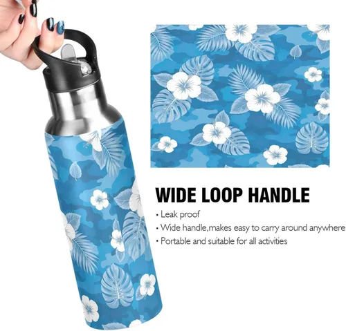 Miniatura 4 de Stainless Steel Vacuum Insulated Water Bottle 20 Oz, Leakproof Water Bottles for Gym Outdoor Travel School, Flowers Tropical Leaves Blue