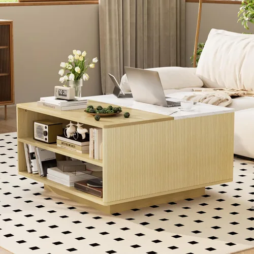 Miniatura 8 de Mesa de centro elevable con almacenamiento, mesa cuadrada central de madera natural estriada con almacenamiento abierto, mesa central para sala