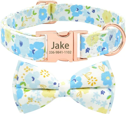 Collar de perro con bonito lazo personalizado con nombre, collar floral personalizado con hebilla dorada grabada para perras pequeñas, medianas y
