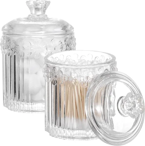 rejomiik Paquete de 2 tarros de vidrio con tapas para boticario, accesorios de baño, organizadores de tocador y recipiente de almacenamiento de