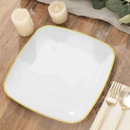 Miniatura 10 de Efavormart - Paquete de 10 platos cuadrados de plástico para postre de 7 pulgadas, color negro con borde dorado, platos desechables para ensalada