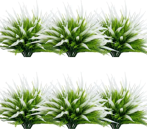 Miniatura 16 de 8 piezas flores artificiales de otoño para decoración al aire libre, plantas artificiales de otoño para exteriores, hierba amarilla artificial