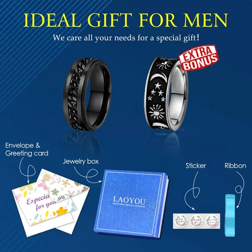 Miniatura 16 de LAOYOU Anillo giratorio para hombre para alivio de la ansiedad 0.315 in de acero inoxidable negro anillo de ansiedad con incrustaciones de cadena