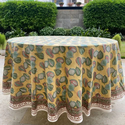 Miniatura 25 de Ridhi Mantel redondo de algodón reutilizable con estampado de bloque a mano, color verde espárragos, 60 pulgadas, mantel decorativo para uso diario