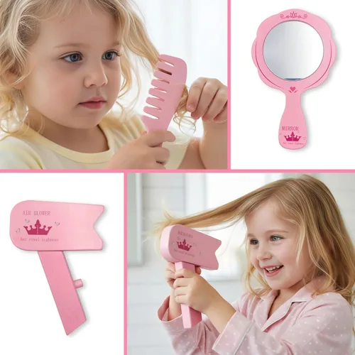 Miniatura 6 de Juego de juguetes de maquillaje de madera para niñas, kit de maquillaje con sombra de ojos, rímel, perfume, rubor, espejo, bolsa, juguetes