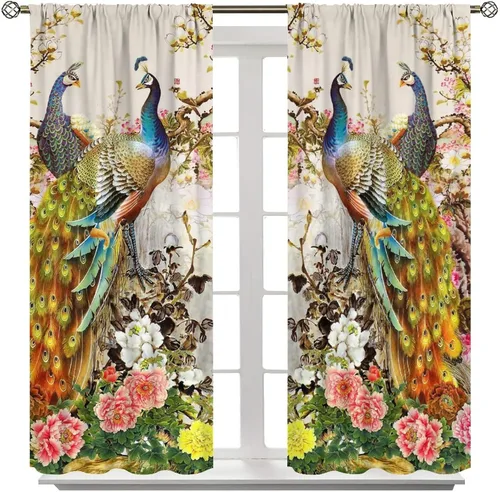 Miniatura 4 de Cortina opaca con estampado de pavo real, con estampado de animales retro, con bolsillo para cortinero y flores de peonía doradas, para dormitorio