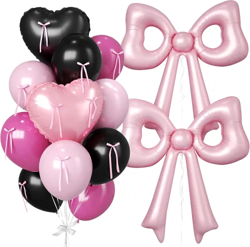 Miniatura 21 de 16 globos de corazón rosa, globos de lazo de 38 pulgadas, globo transparente rosa perla de doble relleno y arco en forma de corazón globo