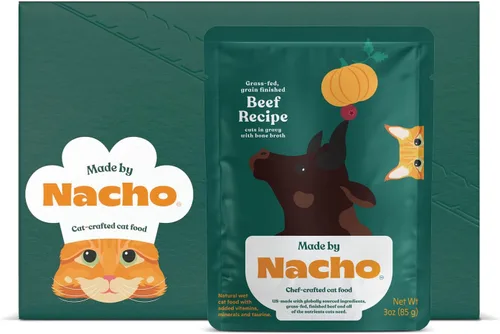 Made by Nacho Receta de carne de res alimentada con pasto, con acabado de grano, cortes en salsa con caldo de hueso, comida para gatos, 3 onzas,