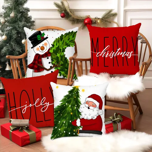 Miniatura 4 de Brightown Juego de 4 fundas de almohada rojas de Navidad de 18 x 18 pulgadas, decoración de Navidad, decoración de vacaciones de invierno, funda