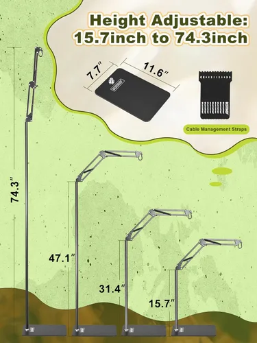 Miniatura 3 de Soporte de luz para reptiles, soporte de bombilla de calor (15.7 a 74.3 pulgadas) con brazo oscilante ajustable de 360° para terrario, soporte