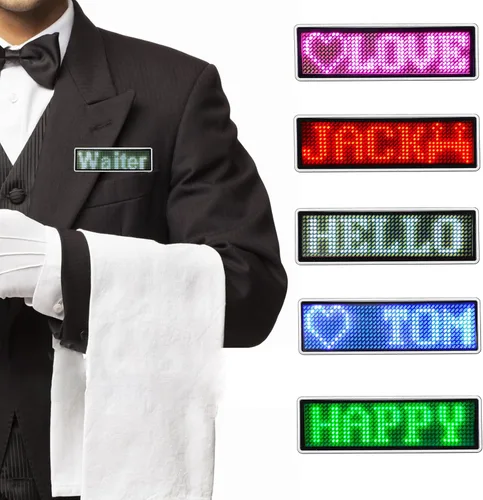 Miniatura 11 de Insignias de nombre LED, insignias de tarjetas de visita, pantalla de desplazamiento para restaurante, tienda, fiesta, bar, tablero de nombre LED