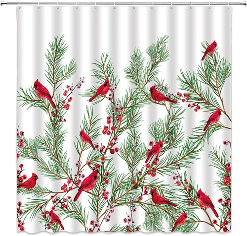 Miniatura 8 de Cortina de ducha pequeña, diseño de pájaro rojo de Navidad, ramas de pino, copo de nieve, vacaciones de invierno, festival de Navidad, azul