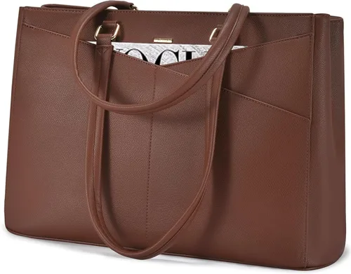 Miniatura 30 de LOVEVOOK Bolsa de mano para computadora portátil para mujer, bolsas de trabajo de cuero de 15.6 pulgadas con soporte grande para tazas para Negro
