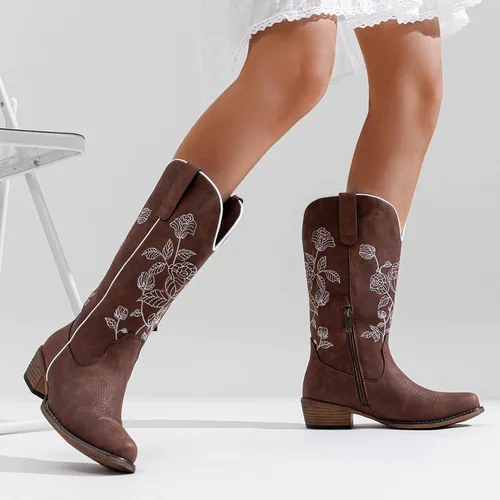Miniatura 7 de Jeossy Botas vaqueras a media pantorrilla con bordado de flores, tacón bajo, botas vaqueras occidentales 9807 para mujer