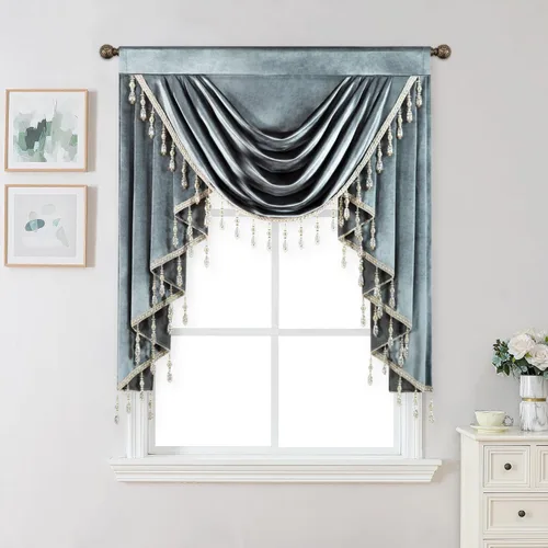 Miniatura 35 de VOGOL Cenefa de cortinas de terciopelo grueso para dormitorio, cenefas de cascada de lujo con aislamiento térmico dorado para sala de estar formal
