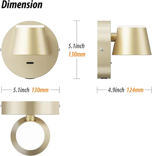 Miniatura 2 de URSOLA Aplique de pared LED con interruptor de encendido/apagado, puerto de carga USB, 110 voltios, lámpara de pared cableada con cable de 350