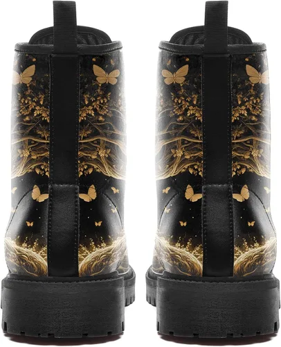 Miniatura 5 de Botas de Combate Florales de Setas para Mujer - Botas Góticas de Bosque Witchcore Tacón Grueso Cuero Vegano Moda con Cordones Botines Negros