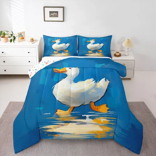 Miniatura 49 de Erosebridal Juego de ropa de cama a cuadros azul para niños, juego de cama individual con diseño de patos amarillos de dibujos animados, juego