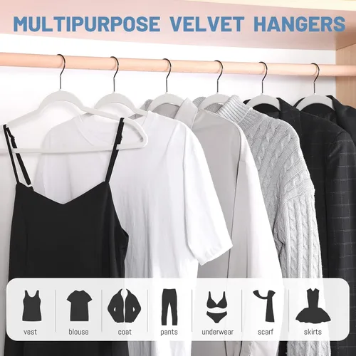 Miniatura 2 de HOUSE DAY Paquete de 60 perchas de terciopelo blanco, colgador de fieltro antideslizante, perchas de terciopelo delgadas para trajes, camisas