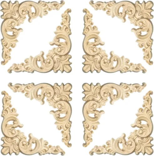 8 Pcs Decorative Wood Appliques and Onlay for Furniture 3.1inch Wooden Carved Corner Applique Onlay Decal DIY Unpainted for Furniture Wardrobe