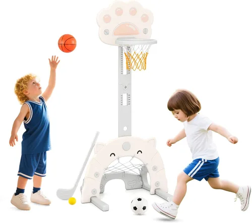 Miniatura 8 de Costzon Aro de baloncesto para niños, altura ajustable de 3.9 pies - 5.2 pies canasta de baloncesto para niños, mini juego de baloncesto portátil